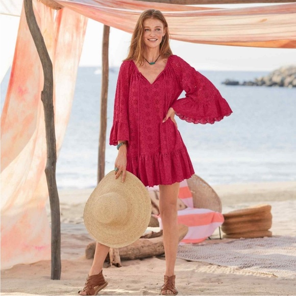 Sundance Moray Eyelet Bell Ruffle Sleeves Lipstick Red Coverup Tunic Dress XL - Picture 7 of 7